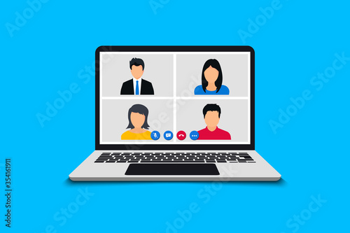 Conference video call. Online meeting in video call. Web Video Conference. Team using laptop for a online meeting. Working from home share ideas brainstorming negotiating, pc screen