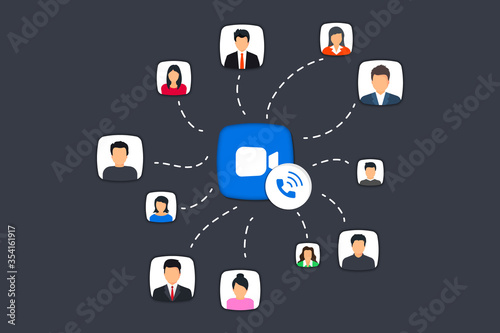 Group video calls. Video call and Long distance communication. Global communication concept. Conference video call, working from home. Group video Chat Logo Design