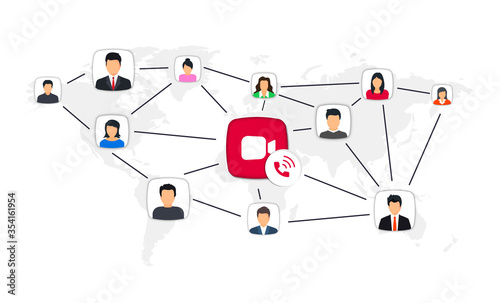 Group video calls. Video call and Long distance communication. Global communication concept. Conference video call, working from home. Group video Chat Logo Design