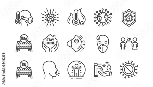 Coronavirus line icons set. Covid-19 virus pandemic. Medical protective mask, washing hands hygiene, eu shut borders. Stay home, safe distance, coronavirus epidemic mask icons. Vector