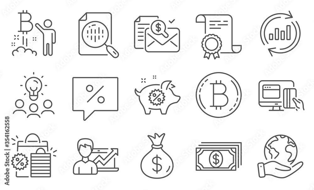 Set of Finance icons, such as Update data, Accounting report. Diploma, ideas, save planet. Money bag, Shopping bags, Success business. Bitcoin project, Piggy sale, Analytics chart. Vector