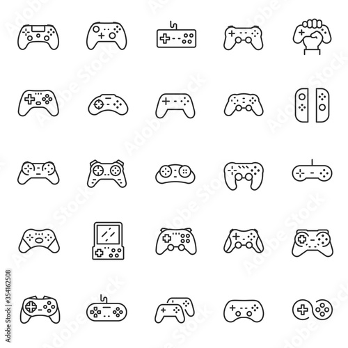 Gamepad, joypad, icon set. Gamepads. Video game controller, linear icons. Line with editable stroke
