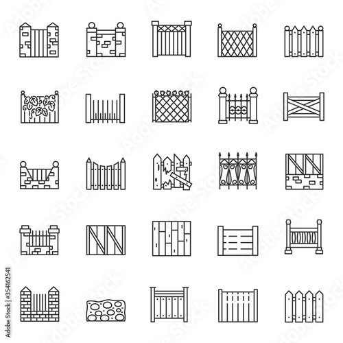 Fence, icon set. Fencing made of various materials, brick, mesh, wood, iron, linear icons. Line with editable stroke