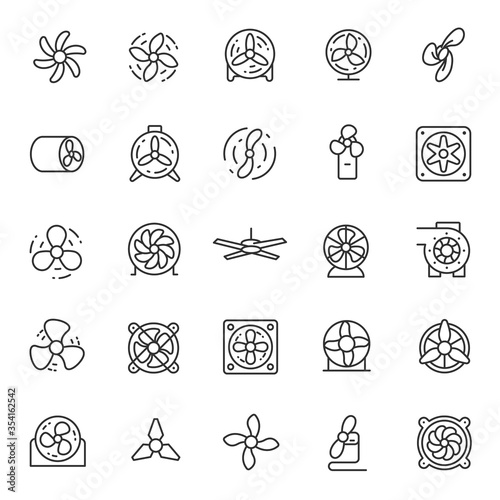 fan, ventilator, icon set. Electric table or floor fans, cooling systems, linear icons. Line with editable stroke