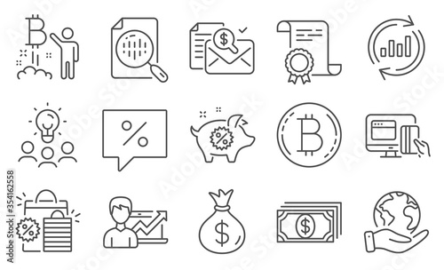 Set of Finance icons, such as Update data, Accounting report. Diploma, ideas, save planet. Money bag, Shopping bags, Success business. Bitcoin project, Piggy sale, Analytics chart. Vector