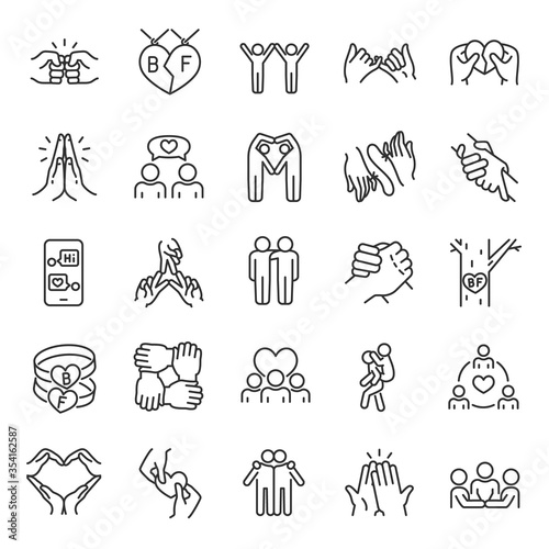 Friendship, icon set. Communication and Interaction, mutual affection, relationship between people, linear icons. Friends chatting and having fun with each other. Line with editable stroke photo