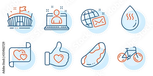 Like hand, Love letter and Arena signs. Best manager, Brazil nut and Hot water line icons set. World mail, Bicycle symbols. Best developer, Vegetarian. Business set. Outline icons set. Vector