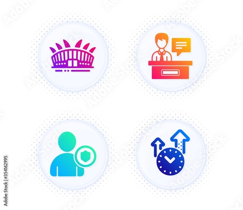 Exhibitors, Arena stadium and Security icons simple set. Button with halftone dots. Time management sign. Information desk, Sport complex, Person protection. Office clock. Business set. Vector