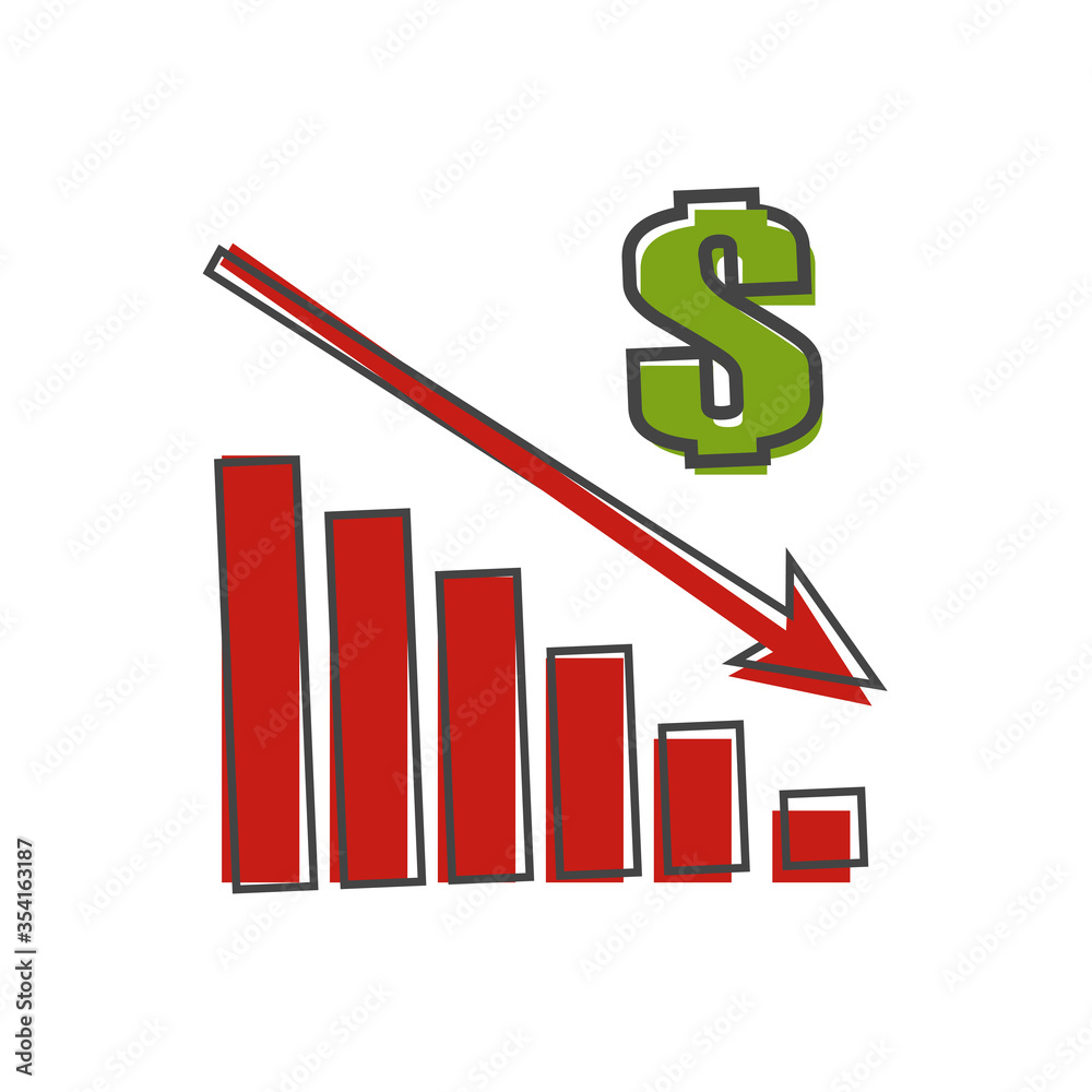 Vector image diagram of decline, recession. Icon financial crisis. Drop in sales cartoon style on white isolated background. Vector image diagram of decline, recession. Icon financial crisis. Drop in sales cartoon style on white isolated background.