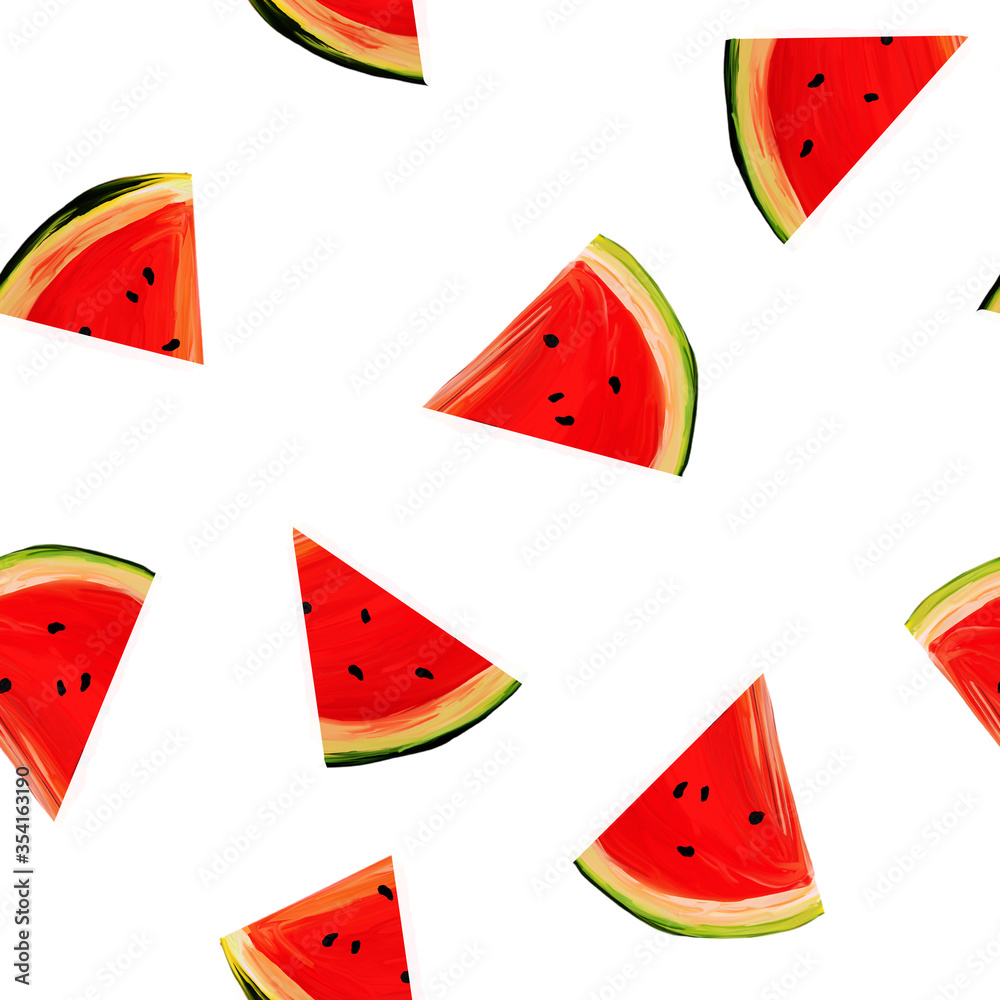Seamless watermelons pattern on a white background. background with gouache watermelon slices. Fresh fruits seasonal background flat style