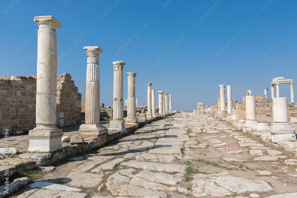 Ruins of the ancient city of Laodikeia in Pamukkale, Denizli, Turkey