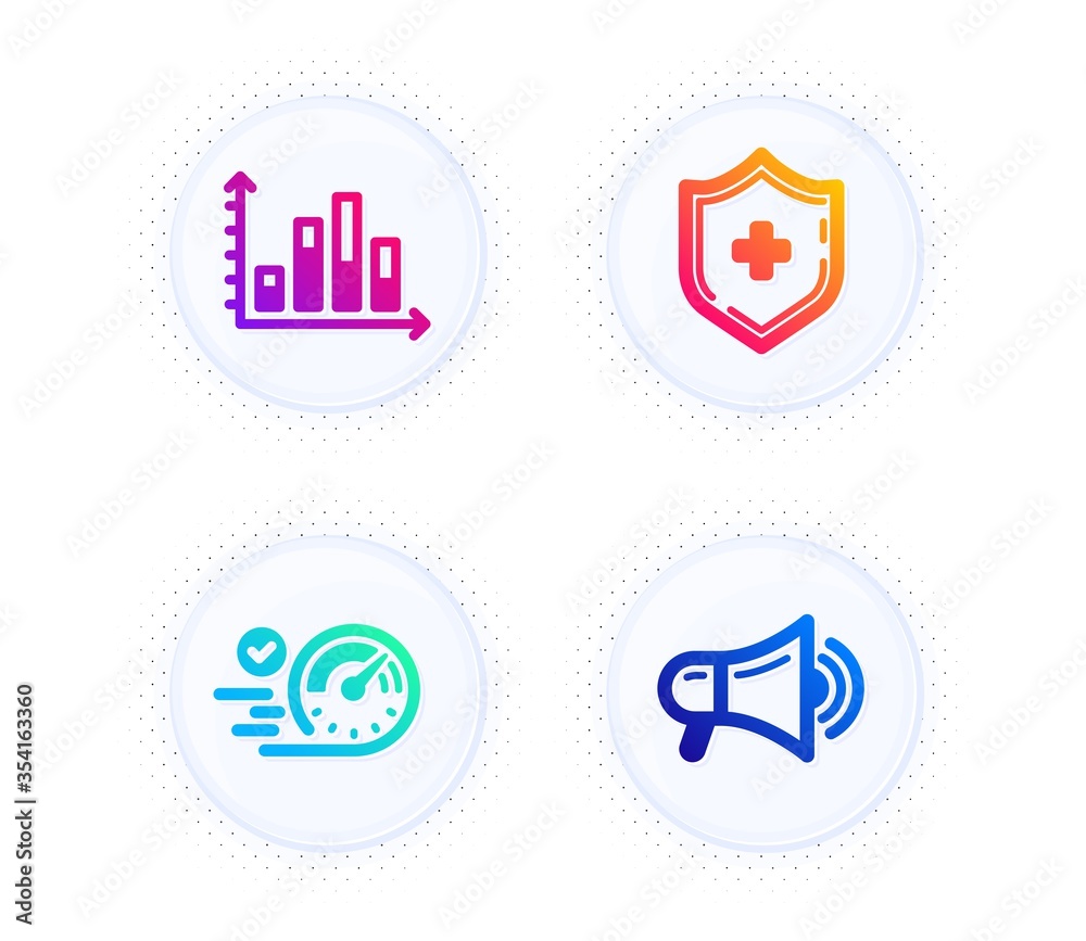 Diagram graph, Speedometer and Medical shield icons simple set. Button with halftone dots. Megaphone sign. Presentation chart, Time concept, Medicine protection. Advertisement. Business set. Vector Diagram graph, Speedometer and Medical shield icons simple set. Button with halftone dots. Megaphone sign. Presentation chart, Time concept, Medicine protection. Advertisement. Business set. Vector