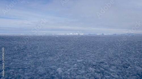 Ice floes and icebergs at edge of pack ice in antarctic ocean  Antarctica
