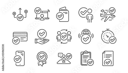 Approve line icons set. Accepted document, right choice, interviewed. Quality check, protection, checklist icons. Guarantee document, accepted card, approve verification. Flight confirmed. Vector