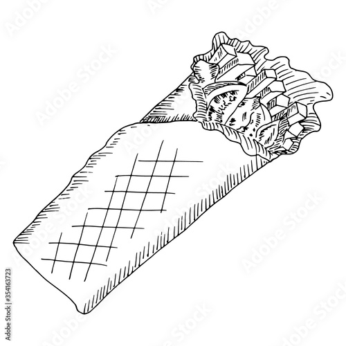 Chicken roll with shawarma doner kebab isolated on white background. Vector sketch hand drawn illustration in doodle outline style. Concept of street turkish fast food, man's dinner, take and go.