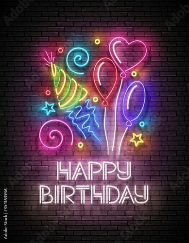 Glow Greeting Card with Different Balloons, Holiday Hat, Confetti and Happy Birthday Inscription