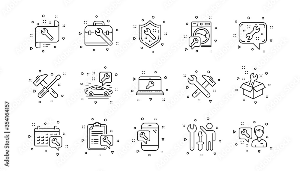 Obraz premium Hammer, Screwdriver and Spanner tool. Repair line icons. Washing machine repair linear icon set. Geometric elements. Quality signs set. Vector