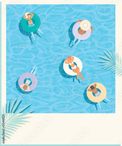 Young girls floating on colorful inflatable rings in blue pool water. Top aerial view. Retro style postcard vector design.