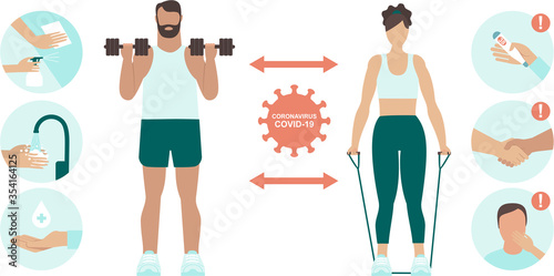 Prevention Practices for Gym and sport club. Coronavirus covid-19 virus protection tips. Safe exercise in public place. Protect yourself and others. Flat vector illustration set