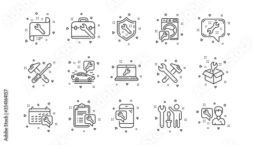 Hammer, Screwdriver and Spanner tool. Repair line icons. Washing machine repair linear icon set. Geometric elements. Quality signs set. Vector