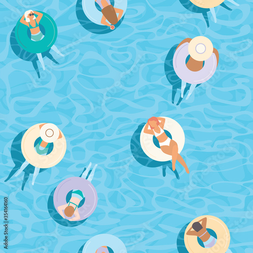 Young girls floating on colorful inflatable rings in blue pool water. Top aerial view. Flat Vector Seamless pattern