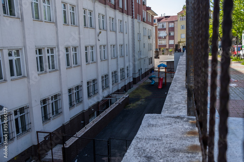Istanbul, Turkey - May 11, 2020: Schools closed because of coronavirus to avoid the spread of the pandemic. Empty school yard