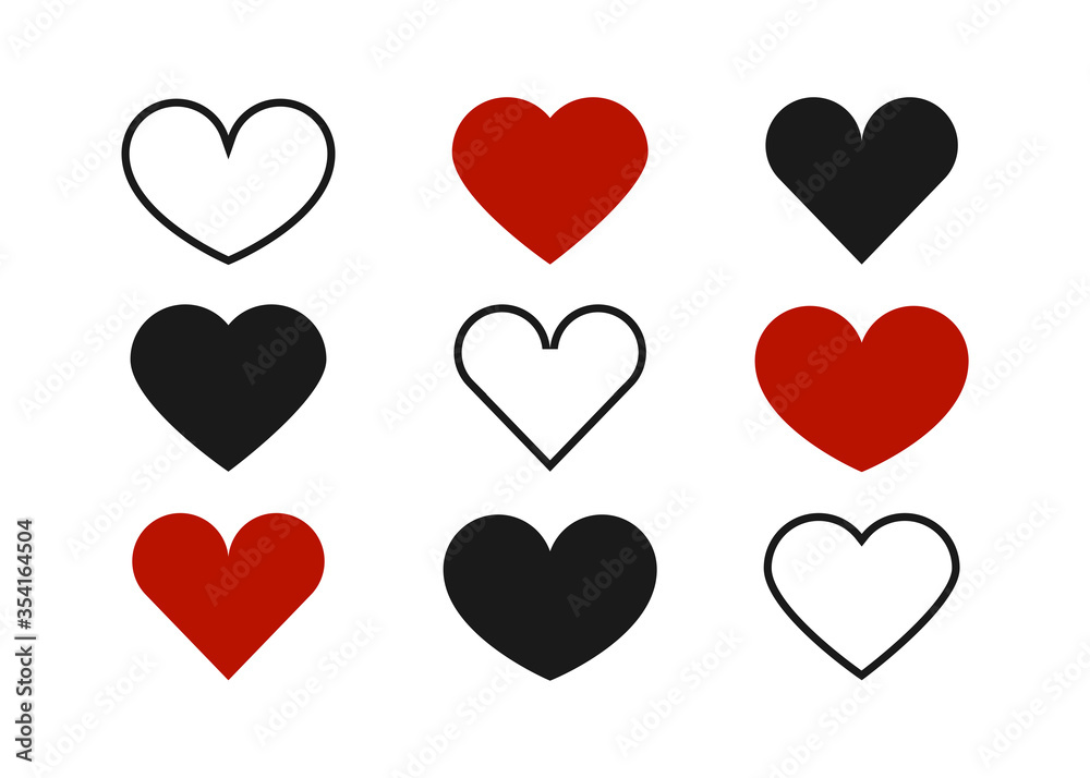 Hearts. Hearts vector icons. Like icons. Love symbols. Social nets like red heart web buttons. Vector illustration