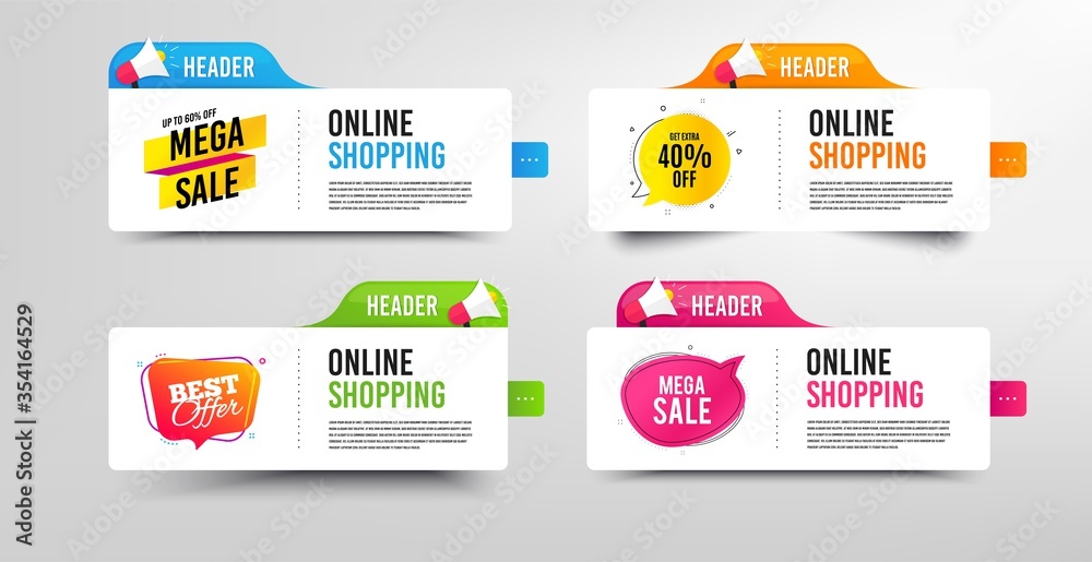 Mega sale, 40% discounts and Best offer. Megaphone promotional banner. Discount banner with speech bubble. Shopping badge. Online shopping template with loudspeaker. Promotion sale template. Vector