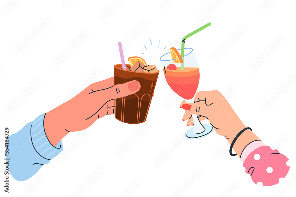 Two hands clinking glasses with cocktail isolated on white background ...