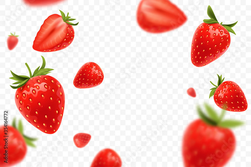 Falling juicy ripe strawberry with green leaves isolated on transparent background. Flying defocusing strawberry berries. Applicable for juice advertising. Vector illustration. photo