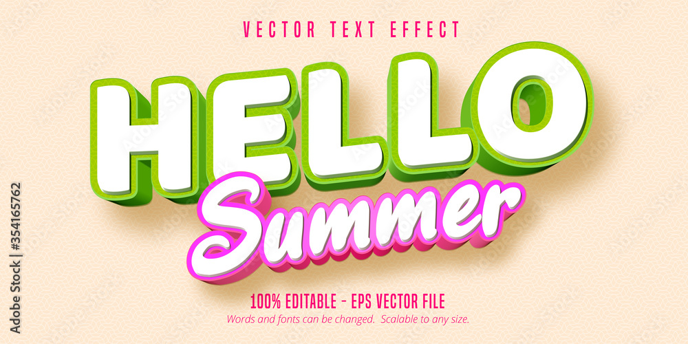 Hello summer text, comic style editable text effect - obrazy, fototapety, plakaty 