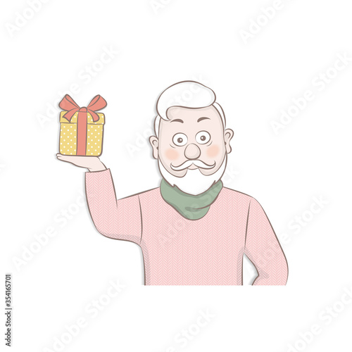 Vector illustration portrait attractive men old man with a gift box  cartoon design.
