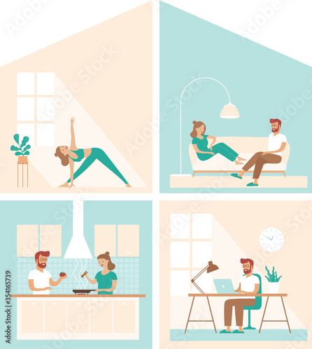 Family life at home during quarantine. House cross section, domestic lifestyle concept.