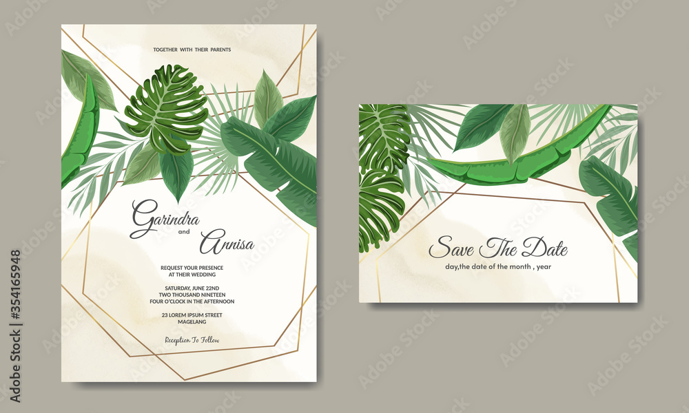 Wedding invitation card template set with tropical leaves decoration Premium Vector