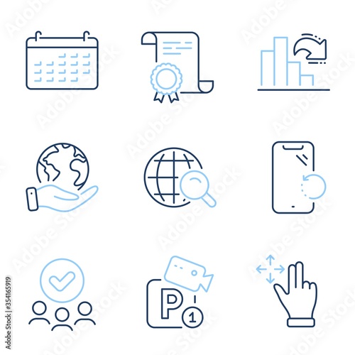 Decreasing graph, Smartphone recovery and Calendar line icons set. Diploma certificate, save planet, group of people. Move gesture, Parking security and Internet search signs. Vector