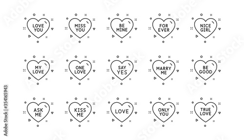 Sweetheart for valentines day, love heart, romantic message. Sweet heart line icons. Marry me, kiss me, true love icons. Valentine flirt, dating message. Linear set. Geometric elements. Vector