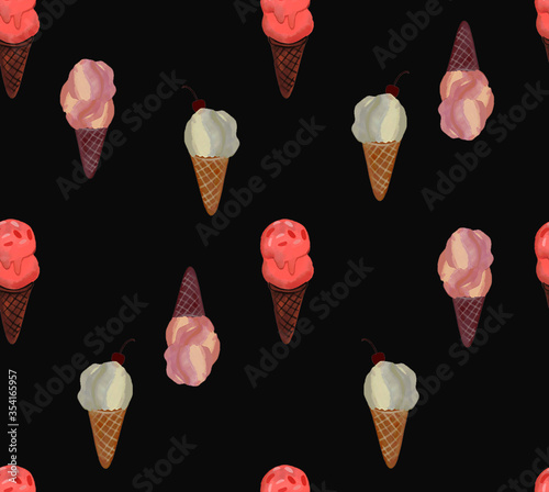 Ice cream scoops and waffle cone. Different favors and colors raster seamless pattern