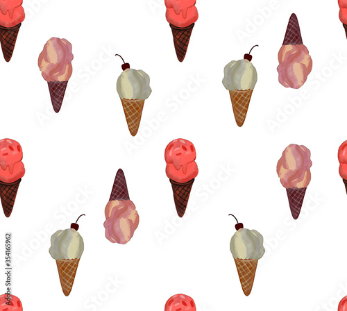 Ice cream scoops and waffle cone. Different favors and colors raster seamless pattern