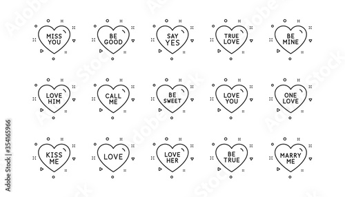 Sweetheart for valentines day, love heart, romantic message. Sweet heart line icons. Marry me, kiss me, one love icons. Valentine flirt, dating message. Linear set. Geometric elements. Vector