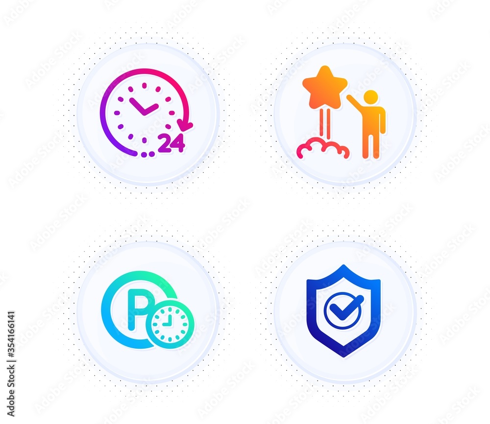 Parking time, Star and 24 hours icons simple set. Button with halftone dots. Approved shield sign. Park clock, Launch rating, Time. Protection. Business set. Gradient flat parking time icon. Vector Parking time, Star and 24 hours icons simple set. Button with halftone dots. Approved shield sign. Park clock, Launch rating, Time. Protection. Business set. Gradient flat parking time icon. Vector
