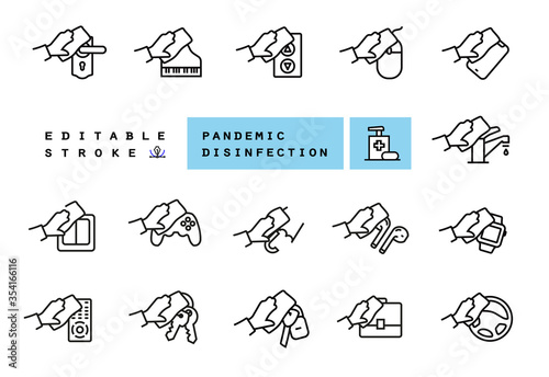 Guideline for Disinfection and Sterilization. A set of vector pictograms explaining which items need to be disinfected primarily during the COVID-19 pandemic. Editable Line Icons