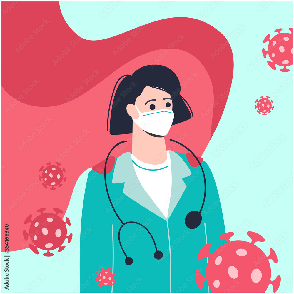Obraz premium doctor-female in a medical mask and a red cloak. Doctor is a modern super hero. Bacteria around the nurse. Vector in cartoon style. Covid-19 coronavirus pandemic. Isolated