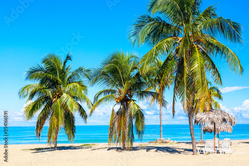 Sun loungers under straw umbrellas on the sandy beach with palms near ocean and sky. Vacation background. Idyllic beach landscape. Varadero, Cuba