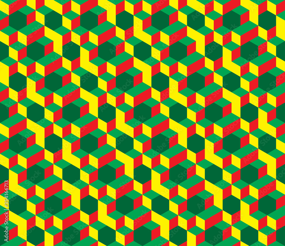 Isometric seamless vector pattern in Escher style. Bright geometric ornament of cubic building blocks with yellow, green and red surfaces. Illusion of volume. Modern 3d print of urban labyrinth. Isometric seamless vector pattern in Escher style. Bright geometric ornament of cubic building blocks with yellow, green and red surfaces. Illusion of volume. Modern 3d print of urban labyrinth.
