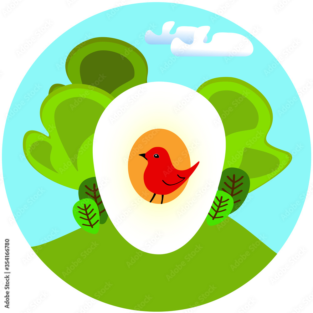 Fototapeta premium Bird lover emblem, birdwatching in summer, birds and eggs in nests to protect, take care of wild nature illustration, forest birds sitting on eggs, bird life icon