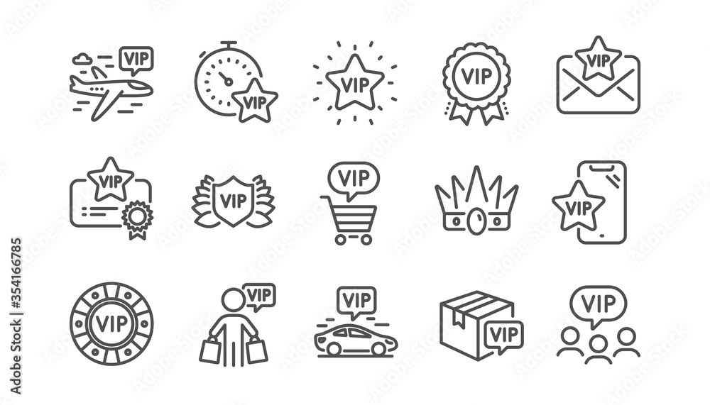 Vip line icons set. Very important person, delivery parcel, casino chips. Certificate medal, player table, vip buyer icons. Crown, casino ticket, business class flight. Membership privilege. Vector