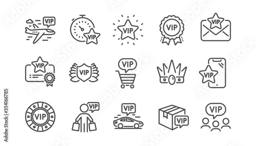 Vip line icons set. Very important person, delivery parcel, casino chips. Certificate medal, player table, vip buyer icons. Crown, casino ticket, business class flight. Membership privilege. Vector