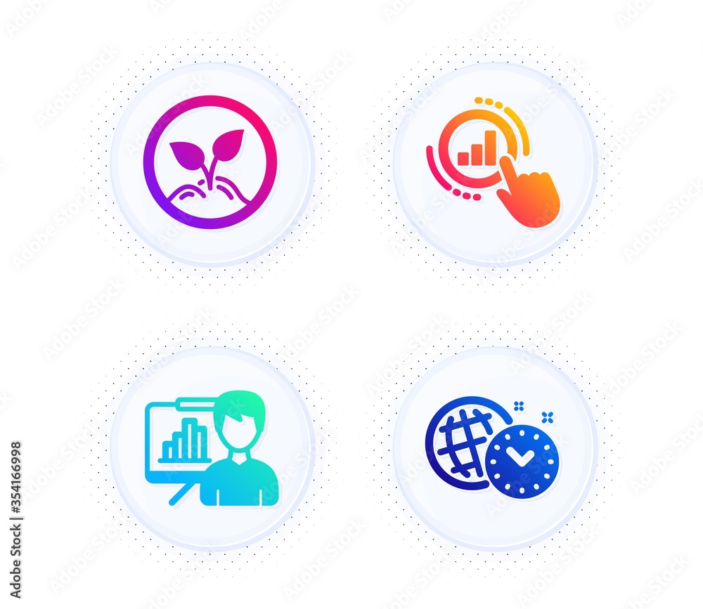 Presentation board, Graph chart and Startup icons simple set. Button with halftone dots. Time management sign. Growth chart, Get report, Launch project. World clock. Education set. Vector Presentation board, Graph chart and Startup icons simple set. Button with halftone dots. Time management sign. Growth chart, Get report, Launch project. World clock. Education set. Vector