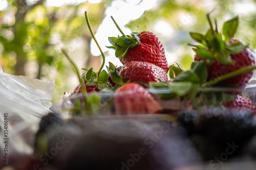 Strawberry and mulberry in the plastic bowl with yellow plastic bag and others vegetables