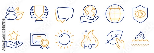 Set of Business icons, such as Spa stones, Hot sale. Certificate, save planet. Loyalty program, Sunny weather, Globe. Skin care, Eye protection, Winner. Vector